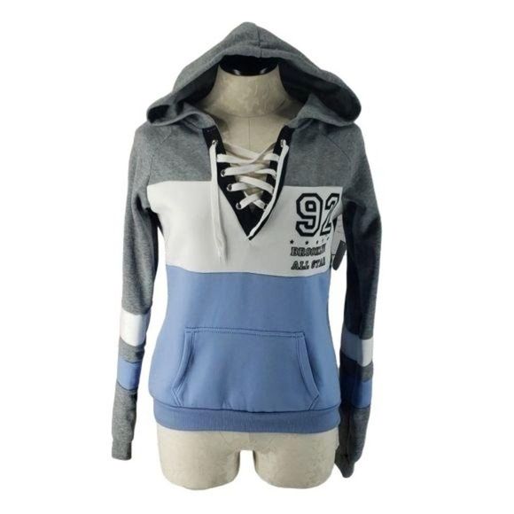 NYC 92‎ Brooklyn All Stars Tri Color Colorblock Corset Hooded Sweater Medium - Picture 7 of 7